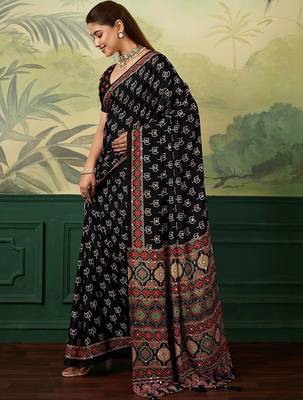 Black kalamkari mirror work silk blend designer saree 2