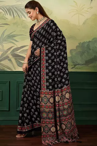 Black kalamkari mirror work silk blend designer saree