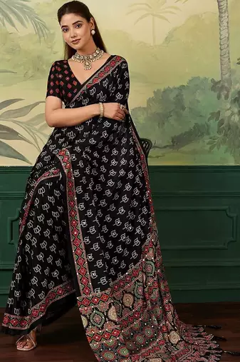 Black kalamkari mirror work silk blend designer saree