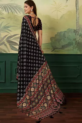 Black kalamkari mirror work silk blend designer saree