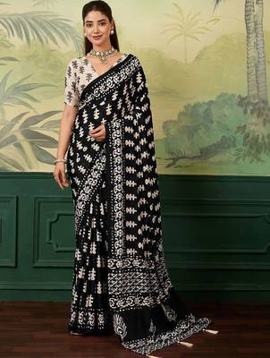 Black ajrak block mirror work silk blend designer saree 1