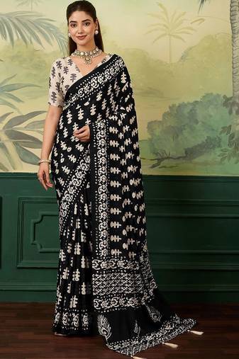 Black ajrak block mirror work silk blend designer saree