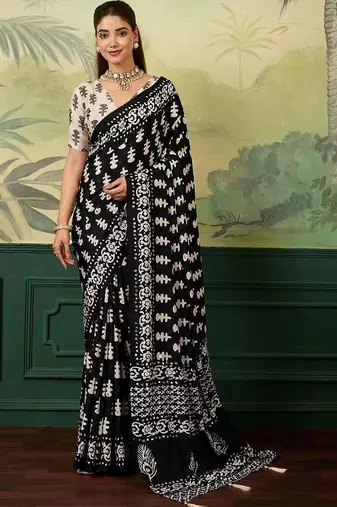 Black ajrak block mirror work silk blend designer saree