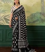 Black ajrak block mirror work silk blend designer saree
