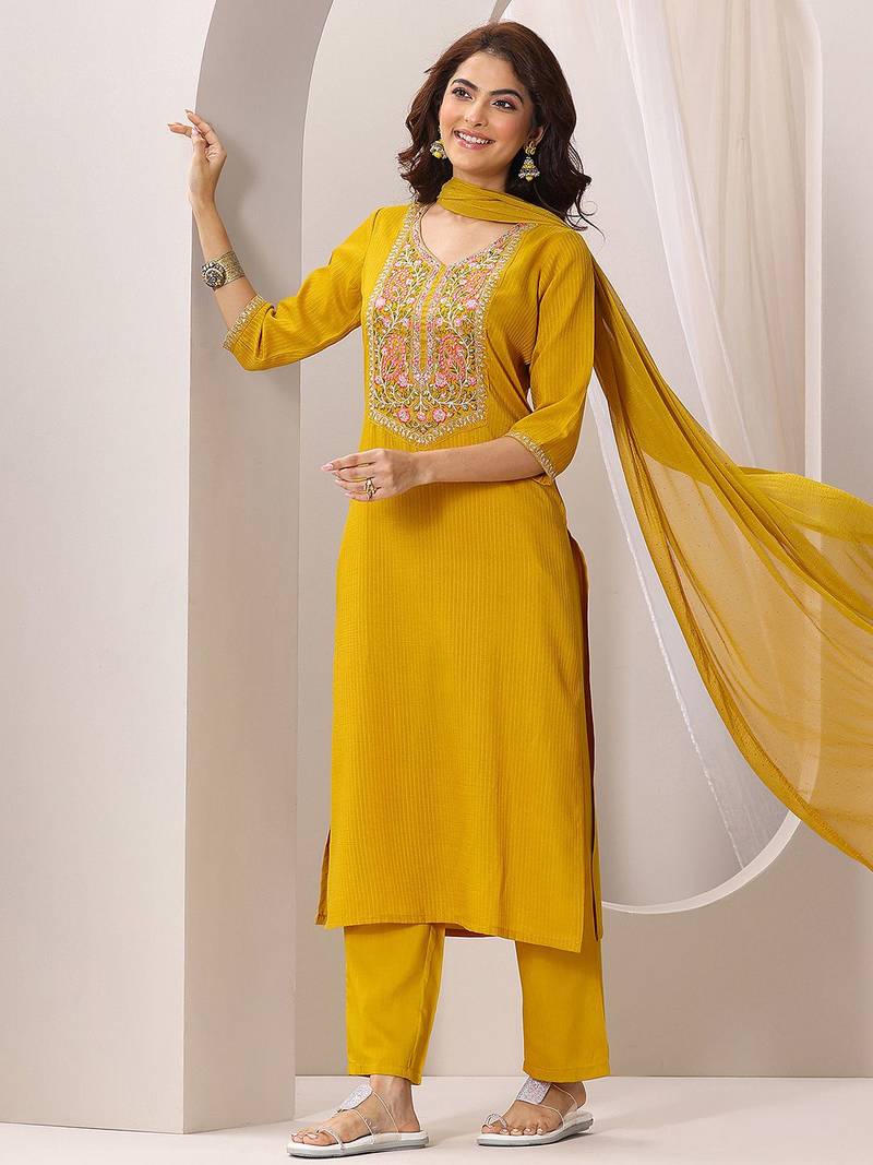striped embroidered sequinned straight kurta with trousers and dupatta