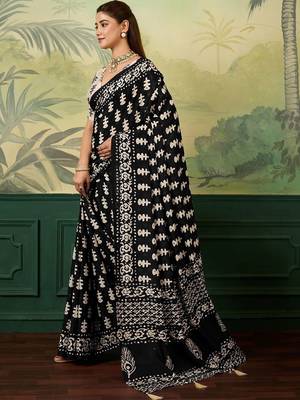 Black ajrak block mirror work silk blend designer saree 2