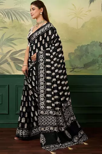 Black ajrak block mirror work silk blend designer saree