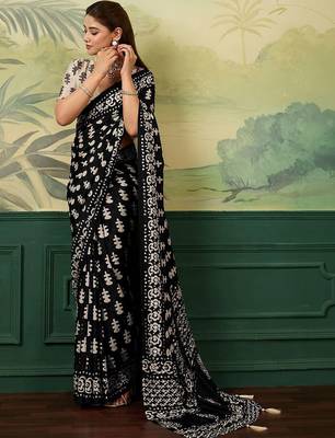 Black ajrak block mirror work silk blend designer saree 3