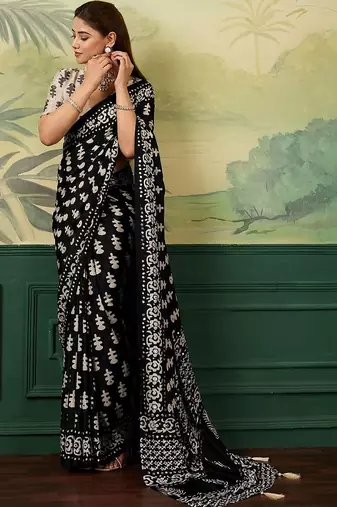 Black ajrak block mirror work silk blend designer saree