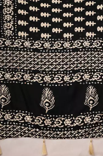 Black ajrak block mirror work silk blend designer saree