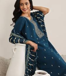 blue round neck floral zari embroidered a-line kurta with trouser and dupatta