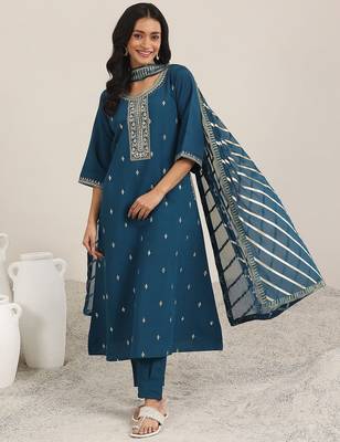 blue round neck floral zari embroidered a-line kurta with trouser and dupatta 1