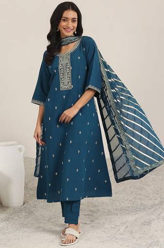 blue round neck floral zari embroidered a-line kurta with trouser and dupatta
