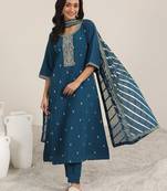 blue round neck floral zari embroidered a-line kurta with trouser and dupatta