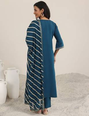 blue round neck floral zari embroidered a-line kurta with trouser and dupatta 5