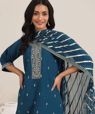 blue round neck floral zari embroidered a-line kurta with trouser and dupatta 6