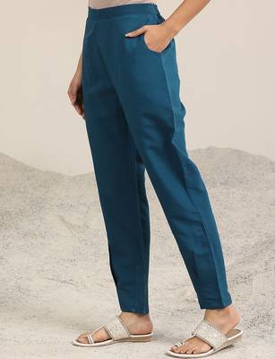 blue round neck floral zari embroidered a-line kurta with trouser and dupatta 7