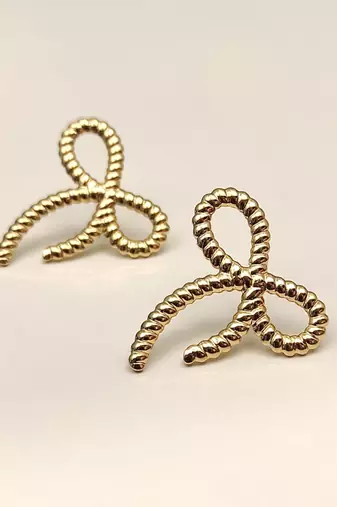 Gold bow stud earrings, twisted rope design, anti-tarnish