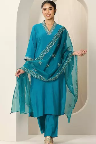 women ethnic motifs embroidered kurta with trousers & dupatta