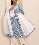 women floral printed regular thread work kurta with trousers & with dupatta