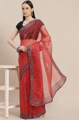 Red floral sequinned organza saree