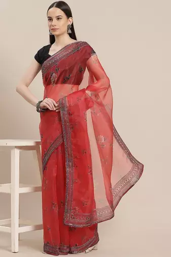 Red floral sequinned organza saree