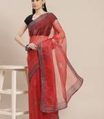 Red floral sequinned organza saree