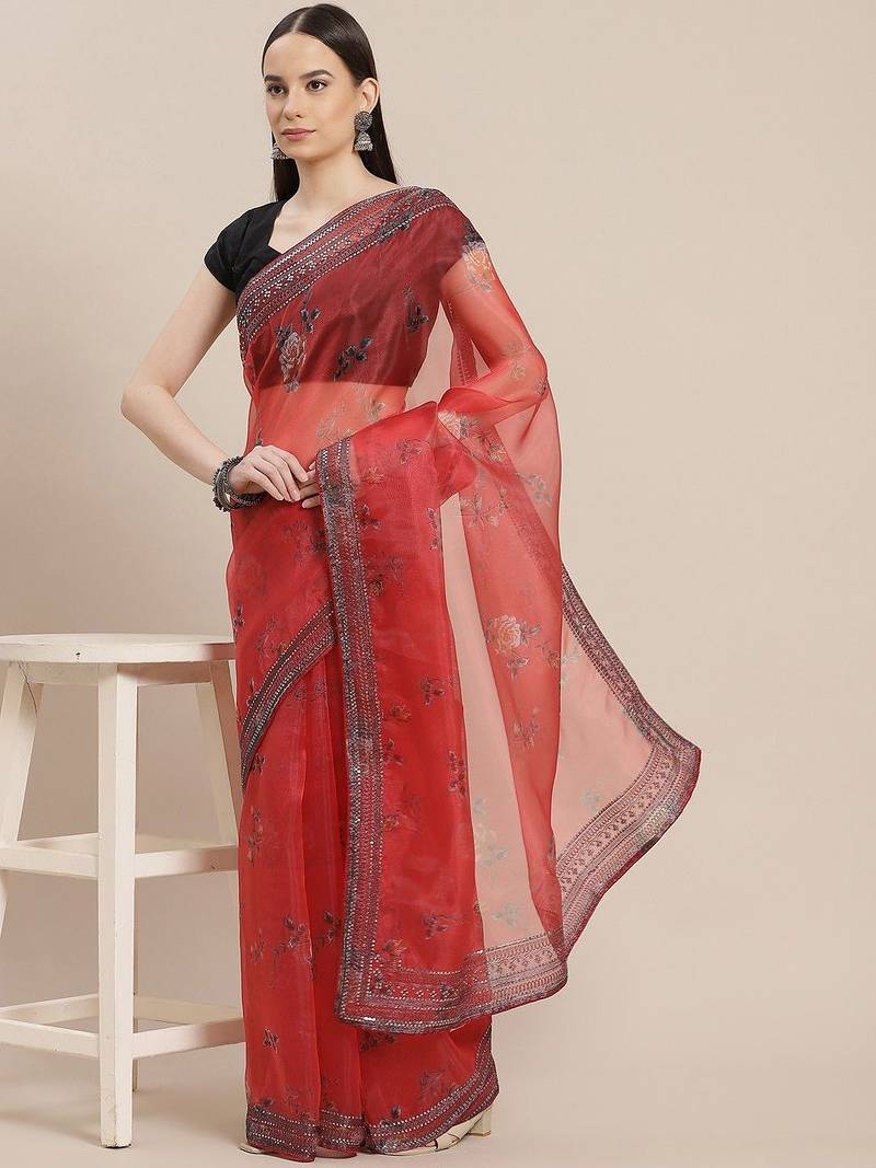 Red floral sequinned organza saree