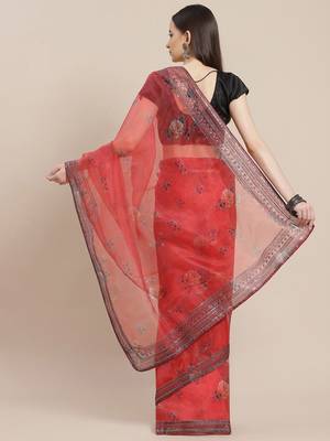 Red floral sequinned organza saree 2