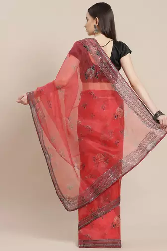 Red floral sequinned organza saree