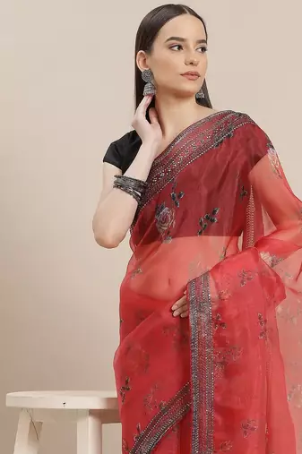 Red floral sequinned organza saree