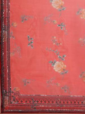 Red floral sequinned organza saree 4