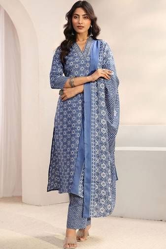 women ethnic motifs printed regular kurta with trousers & with dupatta