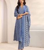 women ethnic motifs printed regular kurta with trousers & with dupatta