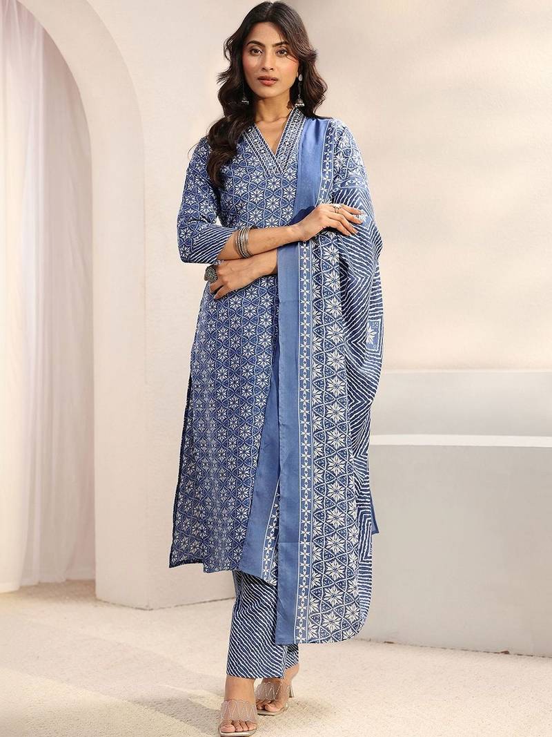 women ethnic motifs printed regular kurta with trousers & with dupatta