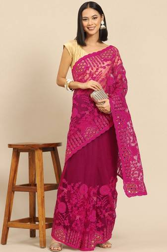 Burgundy floral embroidered net saree