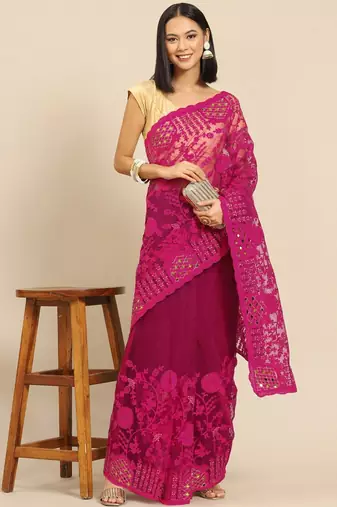 Burgundy floral embroidered net saree