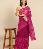 Burgundy floral embroidered net saree