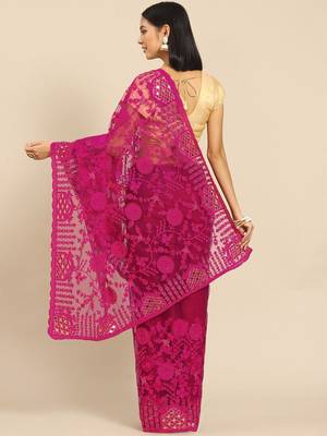 Burgundy floral embroidered net saree 2