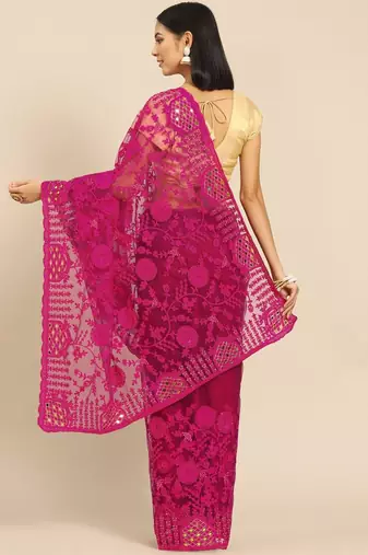 Burgundy floral embroidered net saree