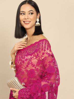 Burgundy floral embroidered net saree 3