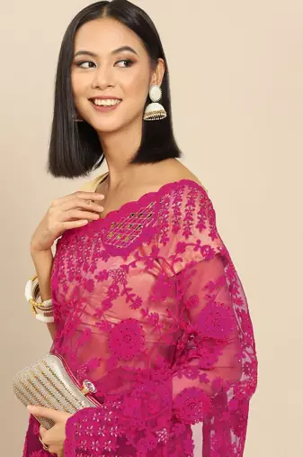 Burgundy floral embroidered net saree