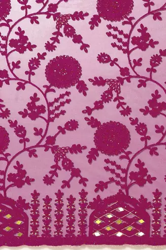 Burgundy floral embroidered net saree