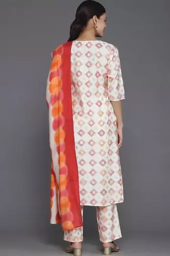 women printed regular thread work kurta with trousers & with dupatta