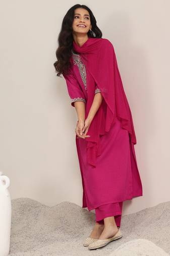 pink ethnic motifs yoke design notch-neck straight kurta with trousers & dupatta