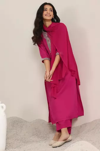 pink ethnic motifs yoke design notch-neck straight kurta with trousers & dupatta