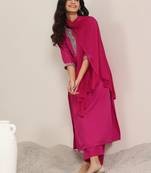 pink ethnic motifs yoke design notch-neck straight kurta with trousers & dupatta
