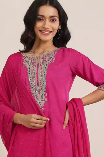 pink ethnic motifs yoke design notch-neck straight kurta with trousers & dupatta
