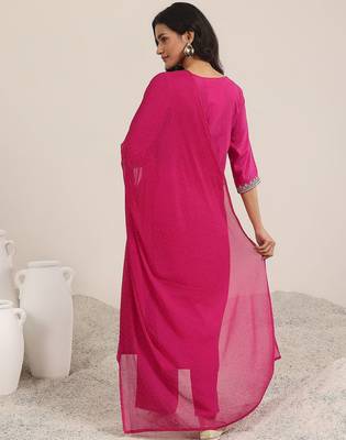 pink ethnic motifs yoke design notch-neck straight kurta with trousers & dupatta 5