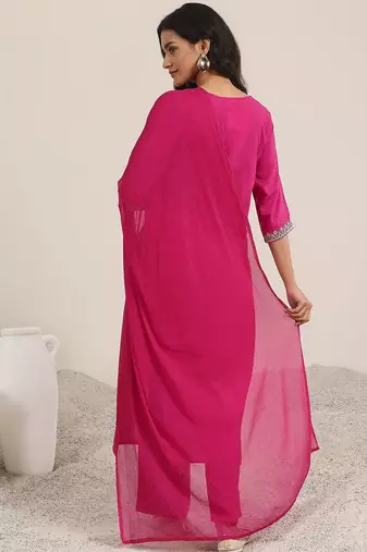 pink ethnic motifs yoke design notch-neck straight kurta with trousers & dupatta